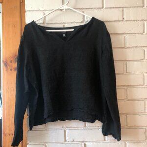 Eileen Fisher  Black Linen Blend Womens Top - L